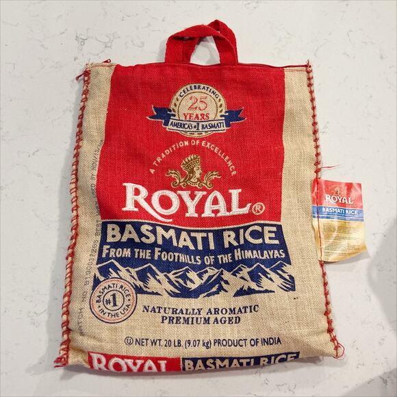 New Royal Basmati Rice 25th Anniversary 20lb Burlap Zippered Sack, no rice - Picture 2 of 2